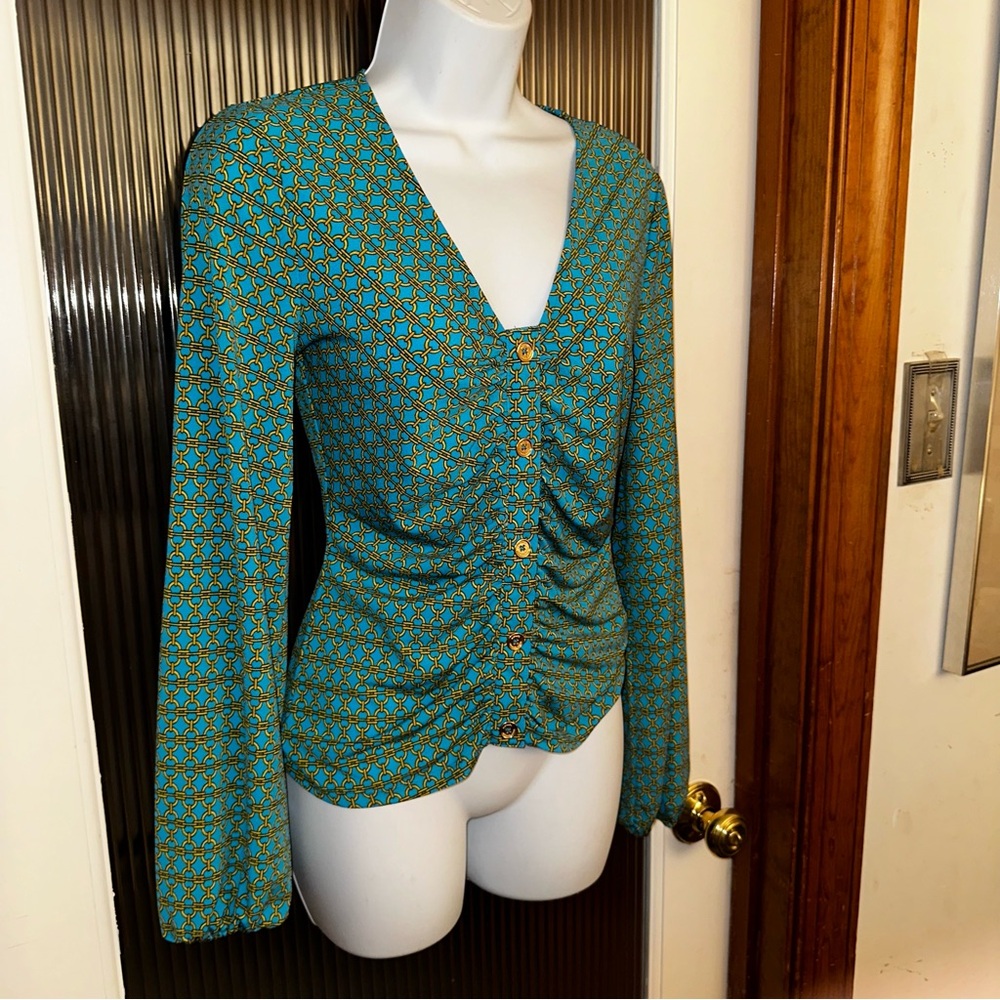 Michael Kors “Milos Blue” Ruched Long Sleeved Blouse- NWT!